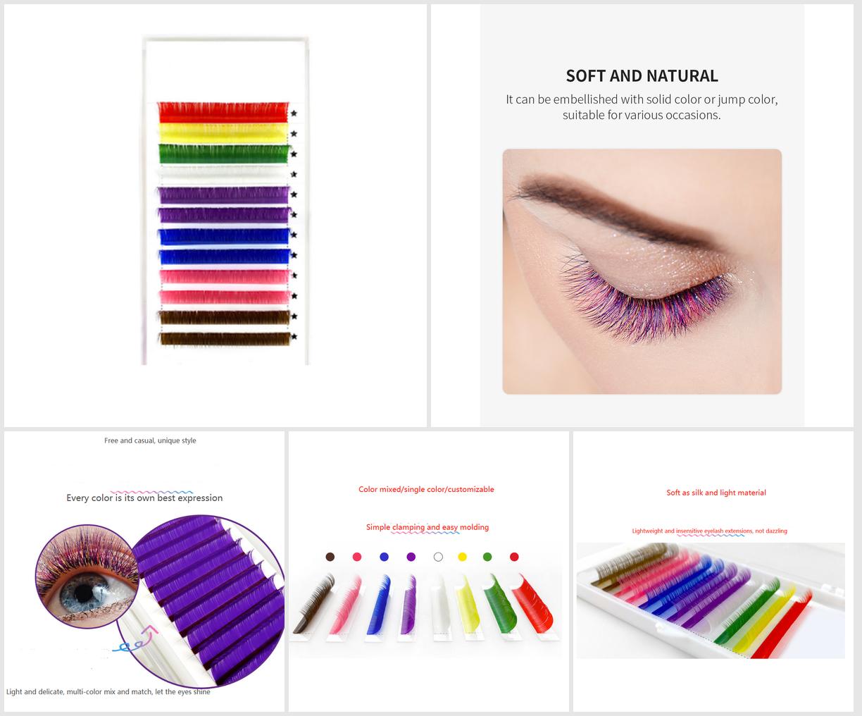 Colorful round hair extension lashes pink blue purple white green yellow red brown eight color mix OEM custom lashes